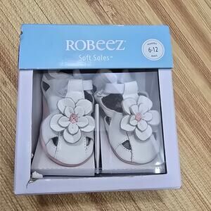 Robeez Pretty Pansy White Soft Soles Baby Girl Leather Shoes Sz 6-12 Months NIB